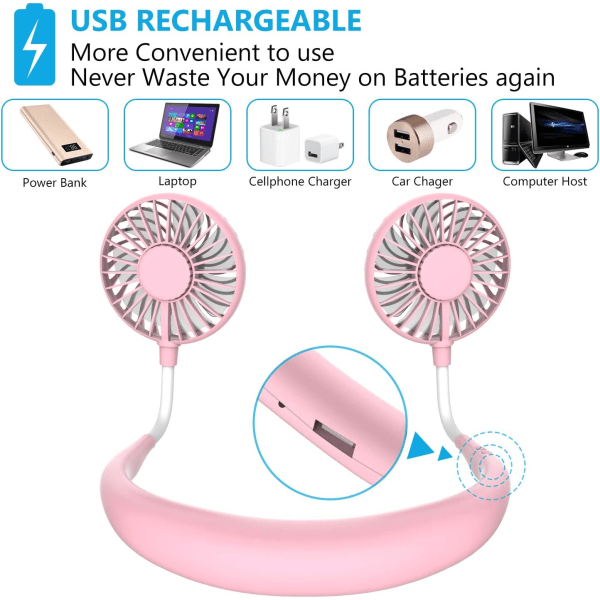 Halsfläkt - aromaterapi med ljus (rosa), bärbar fläkt, mini USB fläkt, uppladdningsbar bärbar halsfläkt, dubbelhuvud 3 hastigheter vindkylare för O