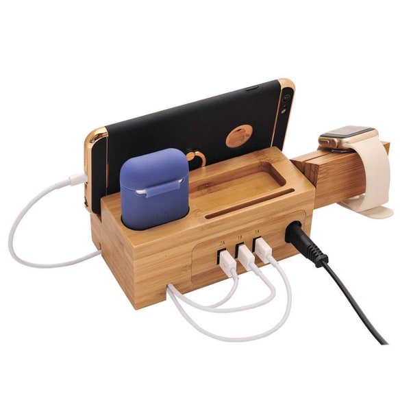 Lader mobiltelefon klokke klokke trådløst headset multifunksjonell USB bambus ladestasjon sete multiport