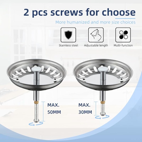 79 mm diskbänksil, diskbänksplugg i rostfritt stål, 2-pack, anti-bobbing gips, anpassar sig till de flesta diskbänkar, förbättrar bekvämligheten i köket