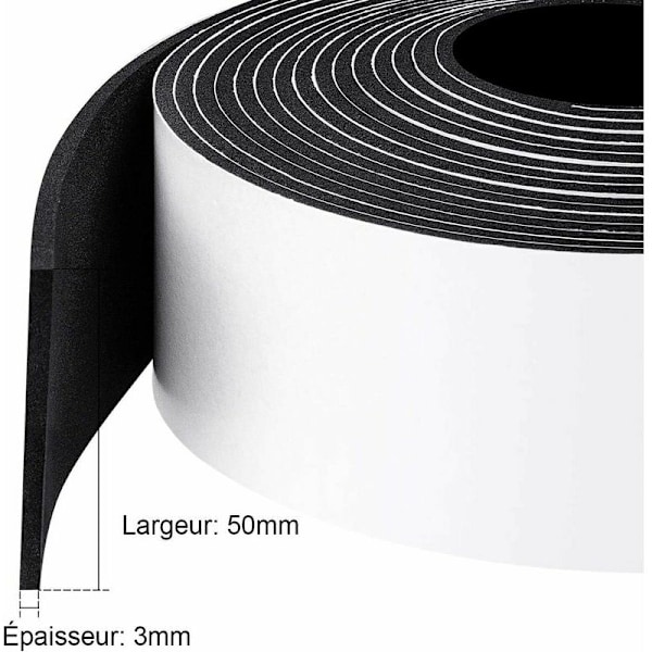 Selvklebende tetningslist i lydisolerende bånd for vindu dusj garasje 50mm x 3mm x 5 m anti-kaldt anti-sjokk gummilist skapbeskyttelse - svart skum whi