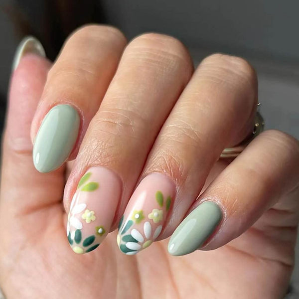 Mandel Tryk på Negle Medium Falske Negle med Blomster Design Grønne Negle til Kvinder 24 Stk/Sæt