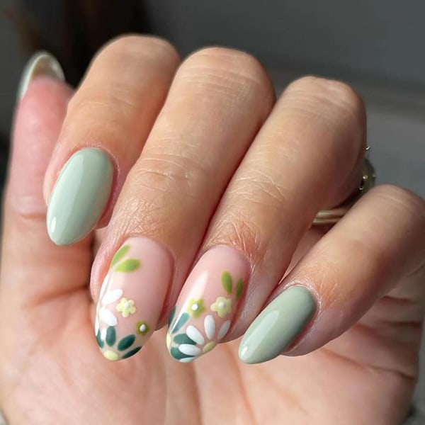 Mandelpres på negle Medium falske negle med blomsterdesign grønt