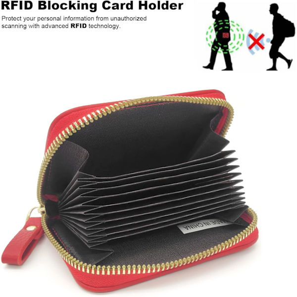 Kvinde Kreditkort Holder, Lille RFID Blokering Damepung med Rustfrit Stål Lynlås Læder Accordion Sort Pung Etui(rød)