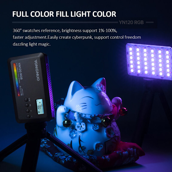 Yongnuo yn120 RVB 8 W fotograferingslampe Bicolor LED lommelampe Vlog Fargetemperatur 2500 K-9900 K Variabel intensitet med LCD-skjerm 0.96 pb