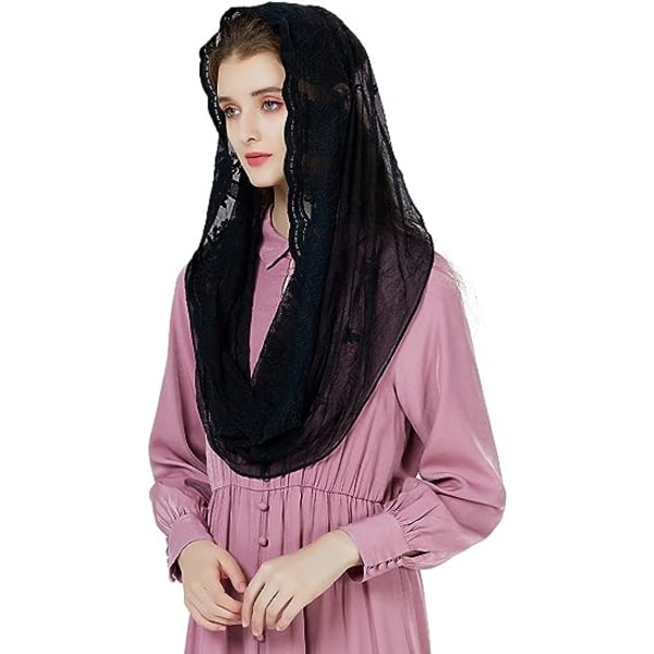 （Svart）Church Veil Catholic Mantilla Headscarf Spetshalsduk för kvinna