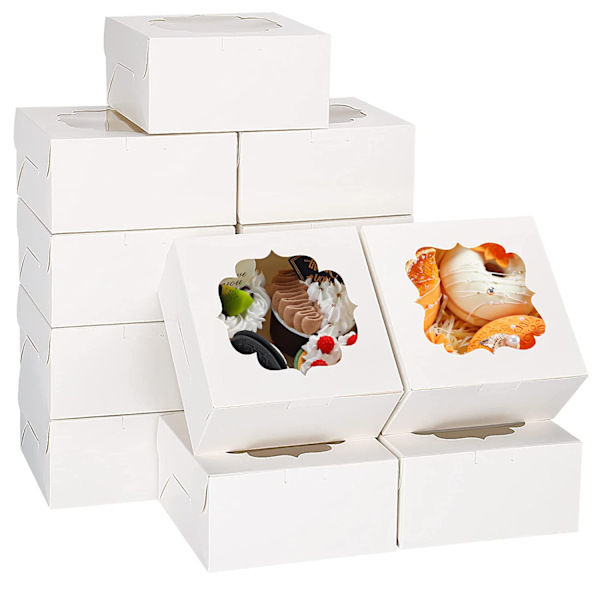 50 stk. 6x6x3 tommer hvide bageriæsker med vindue, kageæsker, dessertæsker, konditoræsker til jordbær, cupcakes, chokolademuffins, donuts