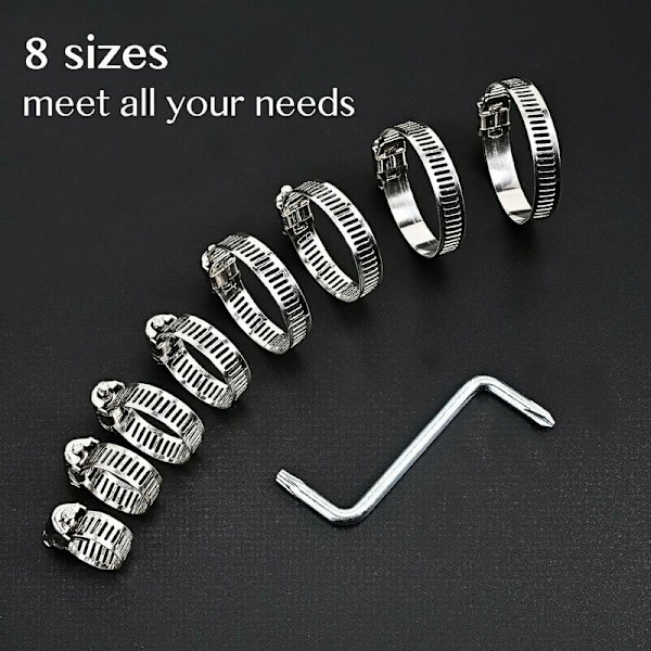100 stycken justerbara åtdragningshalsband 8 A 44 mm 304 rostfritt stål åtdragningshalsband, 8 storlekar justerbart åtdragningshalsband i rostfritt stål för slang