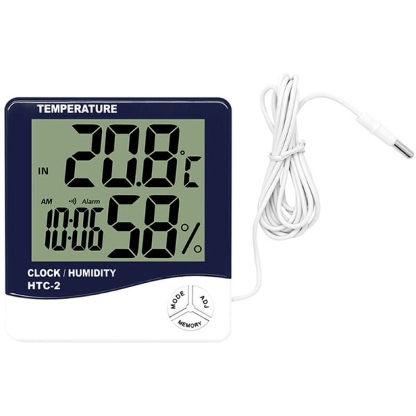 Digital termometer hygrometer inomhus utomhus temperaturmätare övervaka fuktighet bakgrundsbelyst väderstation LCD väckarklocka, HTC-2