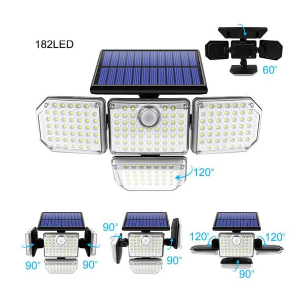 182 LED firehoders solcelle vegglampe LED kroppssensorlys intelligent lysstyring utendørs hagelys