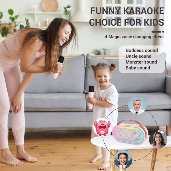 Mini Karaoke-maskine til børn med 2 trådløse mikrofoner, bærbar Bluetooth-højttaler til voksne med stereobas, med LED-lys, familiefest og