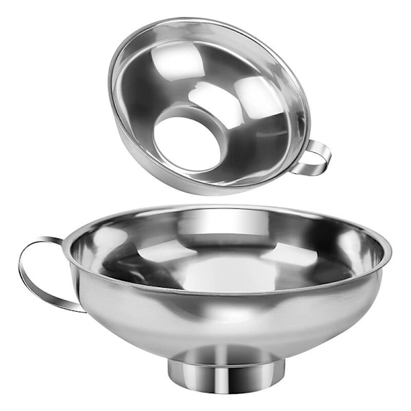 2 st trattar med sylt och konserver med lång fyllningskrage, diameter på fyllningskragen (inre ca 3,7 cm / 5,3 cm), rostfritt stål, silver