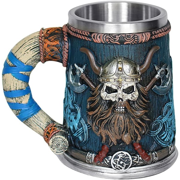 Viking rustfrit stål enkelt håndtag Horn Skull Beer Stein Cup, Nordic Viking Warrior Skull Mug Tankard 17oz, Halloween Bar Drikkevarer Herregave