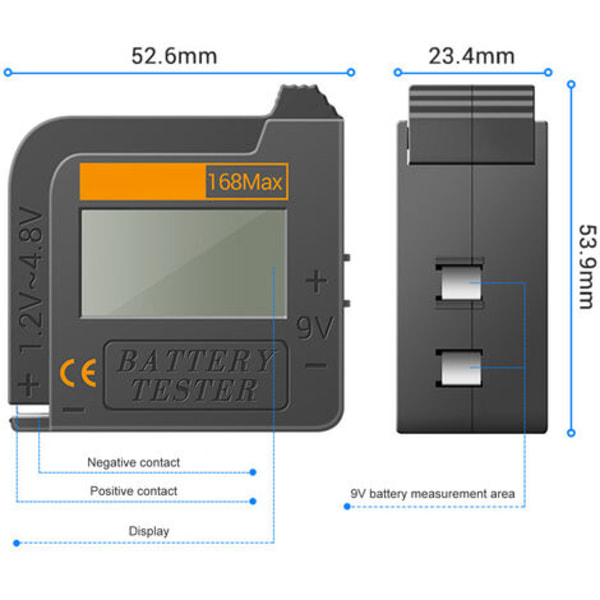 Universal digital batteritester for alle C, AA, AAA, D, N, 9V 6F22 og 1,5V batterier for elektrisk utstyr (krever ikke batteri for drift)