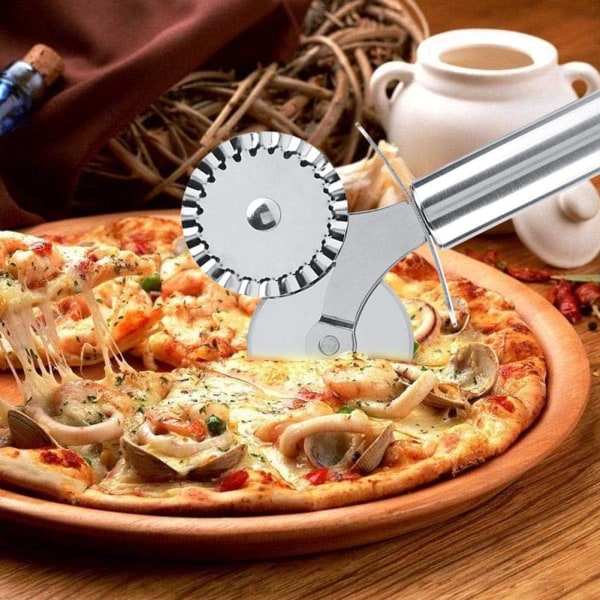 Multifunksjons tohjuls pizzakutter i rustfritt stål, sikkerhetskake