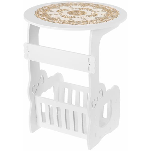 Hvit Liten Rund Side End Table Ved Siden Av Kaffebord Te Pult Oppbevaring Organizer Rack