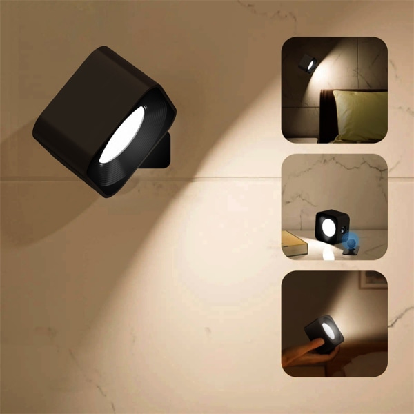 USB-fri installasjon oppladbar vegglampe LED hode seng boklys oppladbar bærbar berøring justering nattlys magnetisk skaplampe, svart