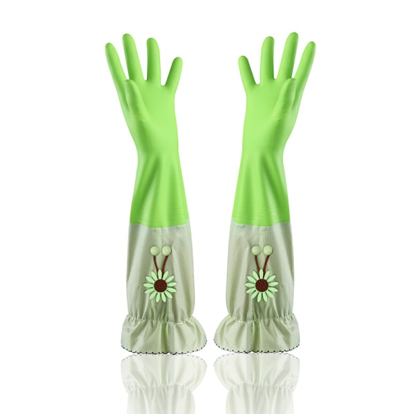 Gröna solblommor - Förtjockade och förlängda plyschdiskhandskar vattentäta plasthandskar för rengöring av hållbar kökstvätt