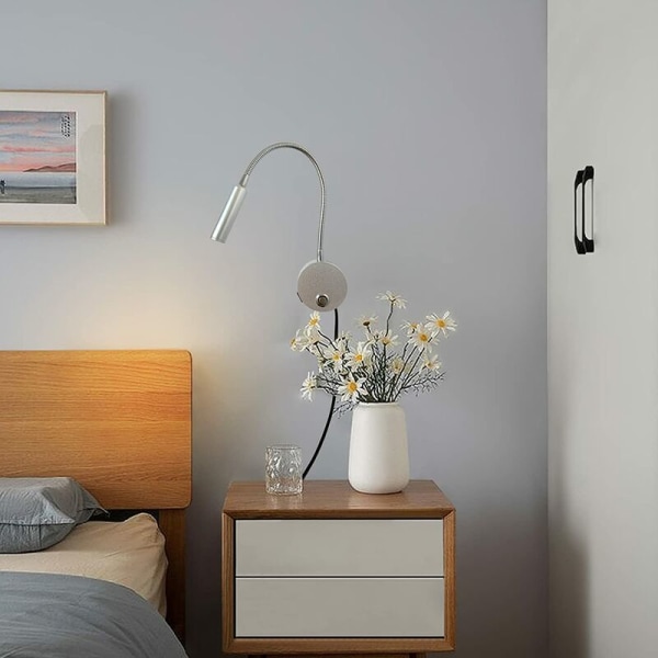 Dimbar Touch Väggläslampa LED Sänggavel Läslampa med USB port och switch, flexibel svanhalslampa med uttag, 3W vägglampa vid sängbord för