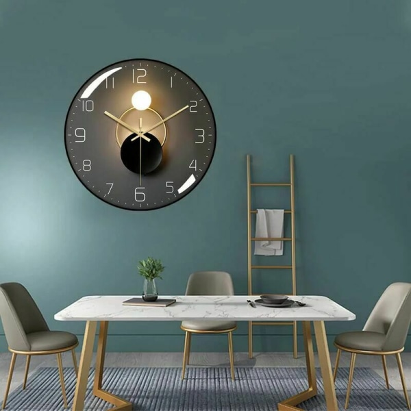Tyst väggklocka, 30 cm diameter väggpendel, rund digital kvarts väggklocka, lämplig för vardagsrum, arbetsrum, sovrum, kök (svart)
