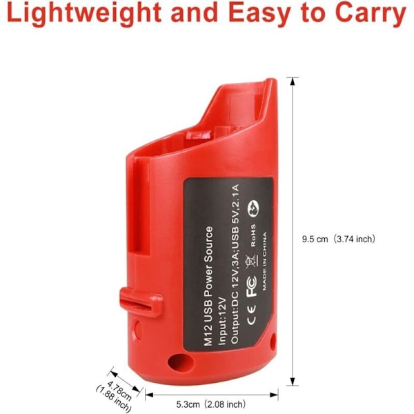 M12 USB Strömadapter för Milwaukee M12 12V Batteri med 2.1A USB-Port och 12V DC-Uttag, Portabel USB-Enhetsladdningsadapter (Endast Adapter)