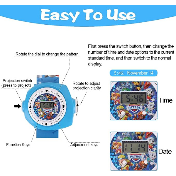 Barnklocka, Projektionsleksaker, Digital Armbandsur med Projektor, Barnleksak - 24 Projektionsmönster, Smartklocka med Digital Projektor för Pojkar och