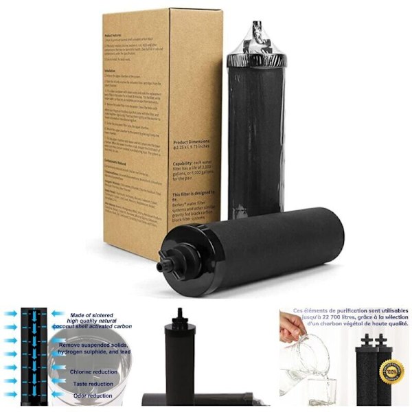 Parti med 2 vattenfilter, ersättning för vattenfiltersystem från Berkey® gravity med kompatibelt vatten, reducerar föroreningar till 99,99 %