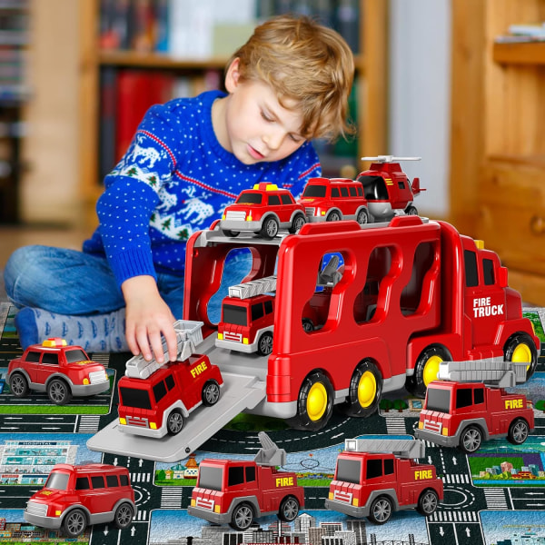 Brandbil leksak för småbarn, 5-i-1 lastbil driven leksaksbil födelsedagspresent för pojkar och flickor 3-5 år gammal