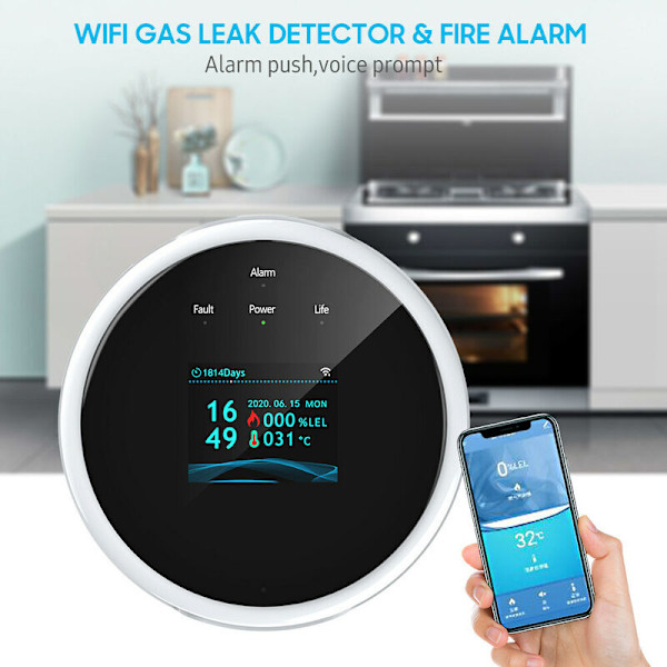 WiFi gasläckagedetektor och LCD väggalarm väggapp intelligent Wi-Fi naturgastestare/LPG-alarm Summer för hem skrivbord (EU)