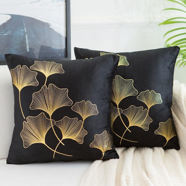Kuddfodral 45 x 45 cm Sammetsörngott guldblad dekorativ svart kudde mjuk fyrkantig guldtryckt ginkgo biloba överdrag för vardagsrum soffa säng