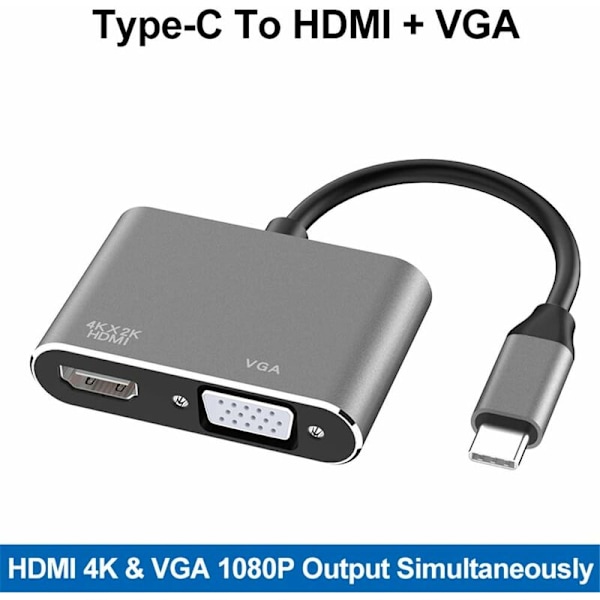 USB C til HDMI VGA adapter, 2 i 1 type C til HDMI 4K, VGA 1080P kompatibel med MacBook Pro/Air 2020 2019, iPad Pro, Surface, grå