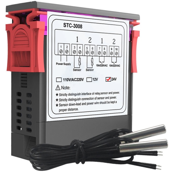 Kaksoisdigitaalinen termostaatti lämpötilansäädin kaksois-NTC-anturirelelähdöllä, DC 24V - DC 24V