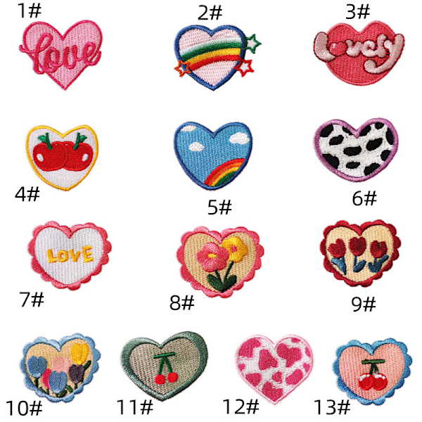 14 stk. Amour - Tilfældige flerfarvede patches, blandet sæt med håndlavede patches, assorterede stryge- eller sy-på broderede strygemærker til DIY til tøj og jeans