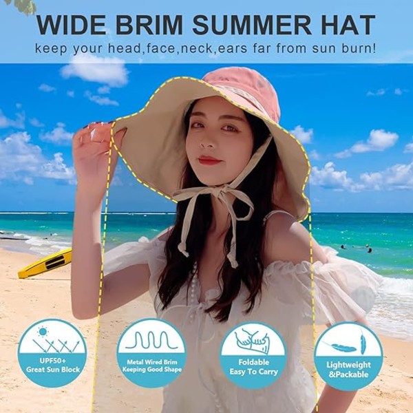Extra bred brätte reversibel solhatt - Bomull floppy hopfällbar reversibel - Trådkantad hatt - UV-resistent - Perfekt för sommarstrand resor trädgård - Pi