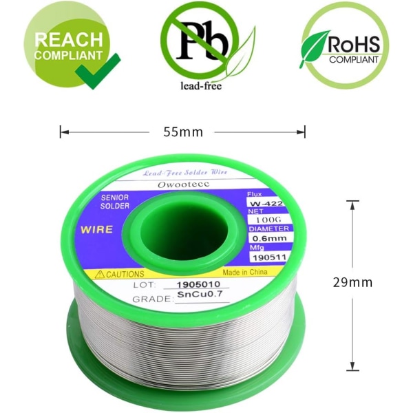 0,6 mm loddetinn for lodding Sn 99,3%, Cu 0,7% med kolofoniumfluks for elektrisk lodding, 100 g