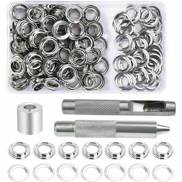 Purjerenkaiden asennussarja, 100 purjerenkaan sarjaa 12 mm purjerenkaat, pressun korjaussarja, 3 kpl purjerenkaan asennustyökalusarja pressulle, kankaalle, verhoille ja käsitöihin