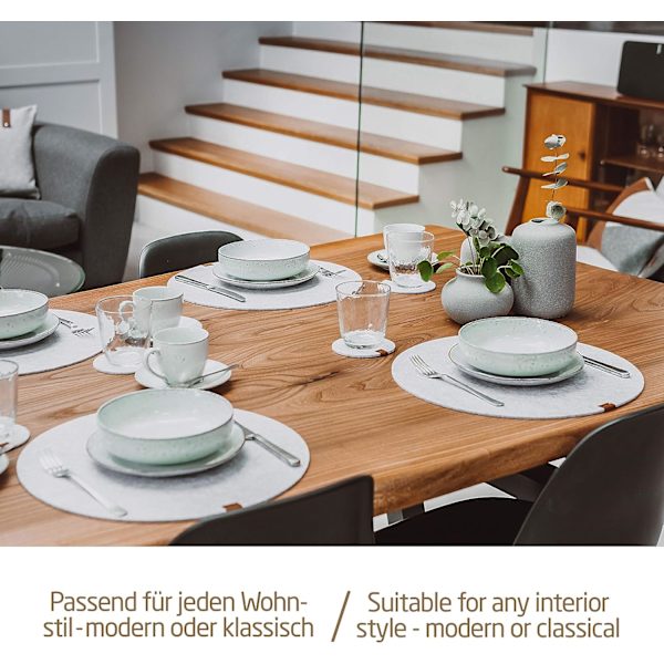 8-delt dækkeserviet - filt og læder - rund 37 cm - til 4 personer, vaskbar, 4 dækkeservietter, 4 coasters (Heather Grey)