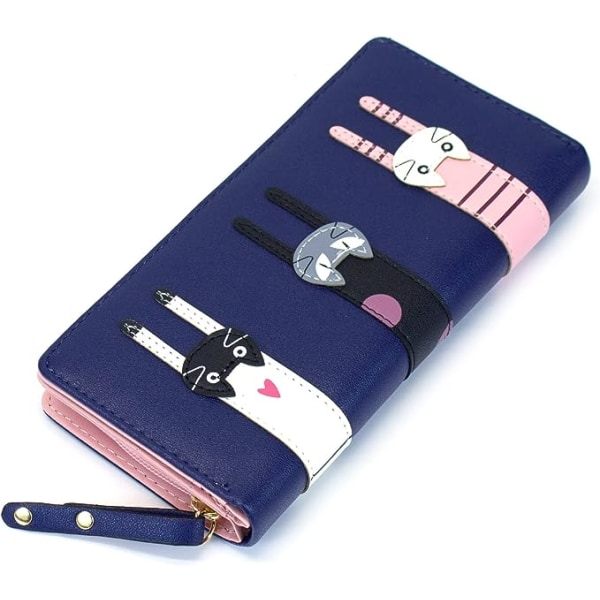 (Mörkblå) Mini Konstläder-Lång Bifold-Söt 3 Katter-Dragkedja Koppling-Handväska-Kvinna-Present