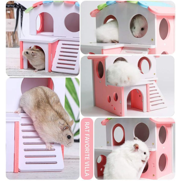 Trähus för Hamster med Trappor, Leksaker, Gömställen, Villa, Gym, Lekplats för Hamstrar, Ekorrar, Gerbiler, Guldiga Björnar och Små Djur