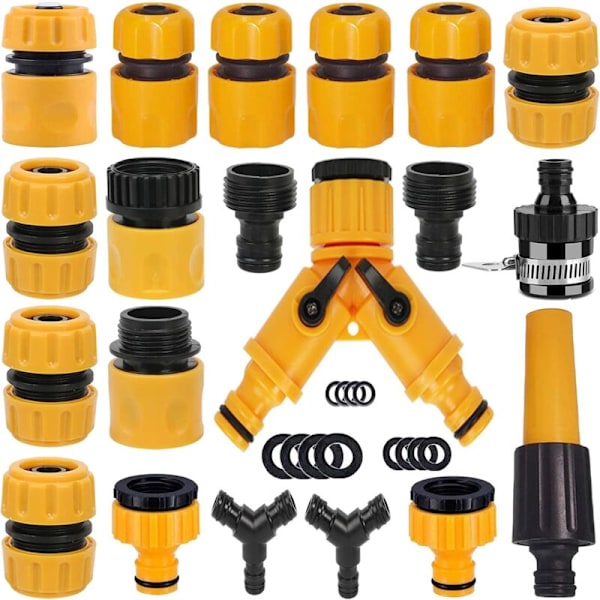 Sett med 20 koblinger for vanningsslange, adapter for vannkran, y-rørseparator i Y, universalkrankobling, etc.