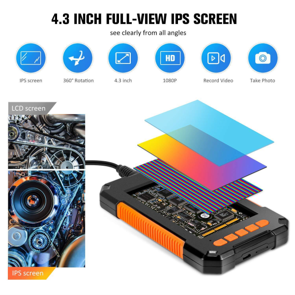 Teollinen boroskooppi, 1080P HD digitaalinen boroskooppi, 4,3 tuuman näyttö, 3,9 mm IP67 vedenpitävä tarkastuskamera 6 LED-valolla, puolijäykkä kaapeli