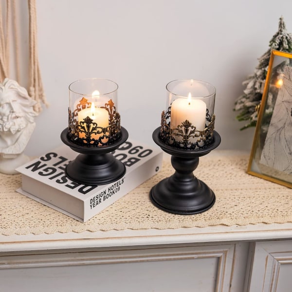 BlackChic Pillar Candle Holder Set for Tables - Gothic Candlestick Holder Rustic Glass Hurricane Candle Holders Centrepieces