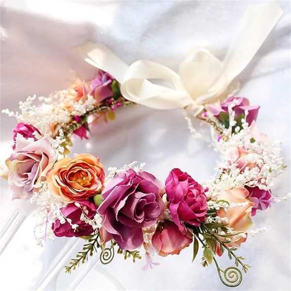 Bryllupskrone Brudepige Krone Rose Blomsterhoved med båndfoto