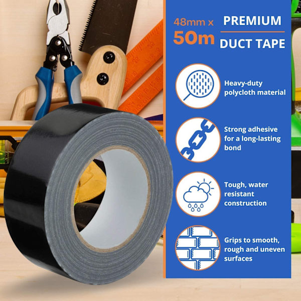 Svart gaffateip, 48mm x 50m, 2” Vanntett Sterk Klebende Gaffateip for Lapping, Tetting, Sikring av Kabler og Merking, Heavy Duty Tape, En Rull