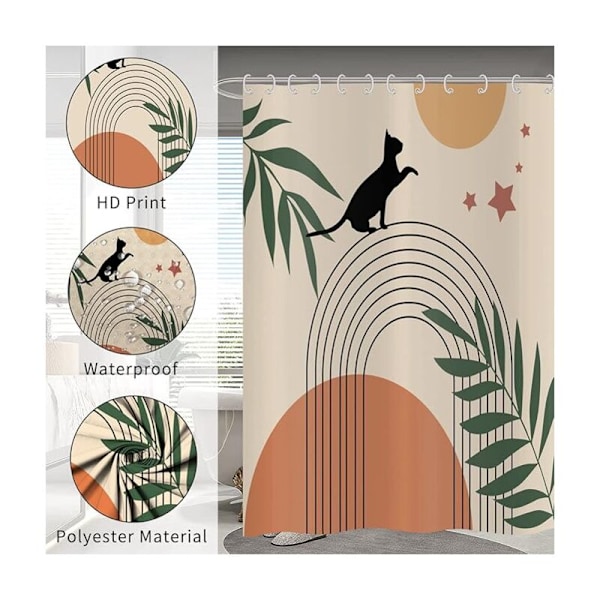 Boho Duschdraperi 180x180, Abstrakt Beige Badrumsgardin i Mid-Century-stil med Svart Katt, Grönt Löv, Knut, Sol, Måne, Modern Minimalistisk Geometrisk Estetik