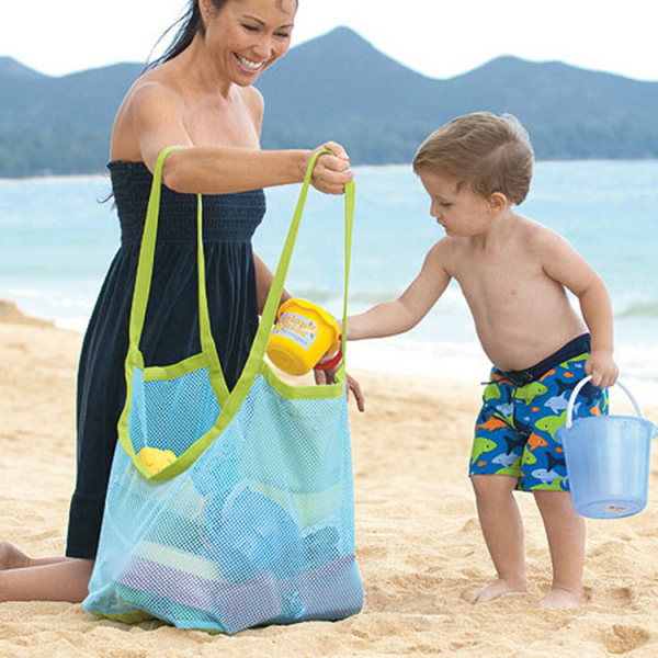 Stor Mesh Strandtaske til Legetøj Sand Away Tote med Lynlås til Børn Svømmepøl Rejse Sandede Sko Våde Håndklæder 16 x 9,4 x 16 tommer Grønne Remme Blåt Mesh