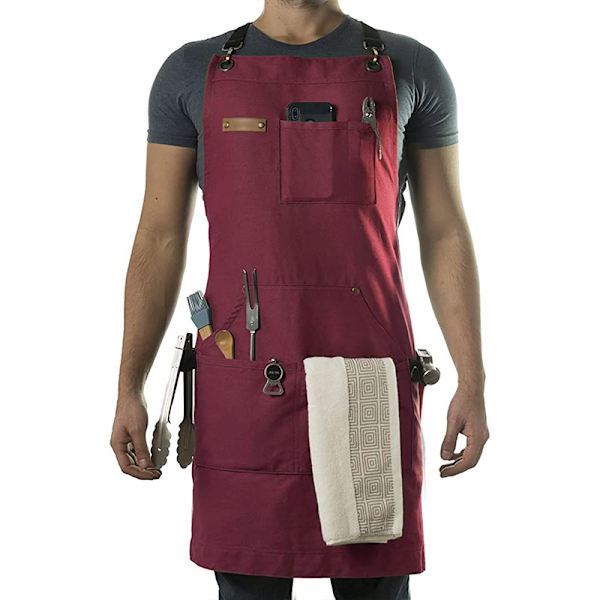 (Röd) Barber Apron med Verktygsficka - Canvas Apron med Snabbstängning, Justerbar Bokväska, för Män och Kvinnor