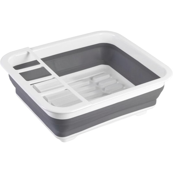 Sammenleggbar oppvaskstativ, plast oppvaskstativ, holdere for lokk og tallerkener, plast, 36,5x13x31 cm, hvit - grå