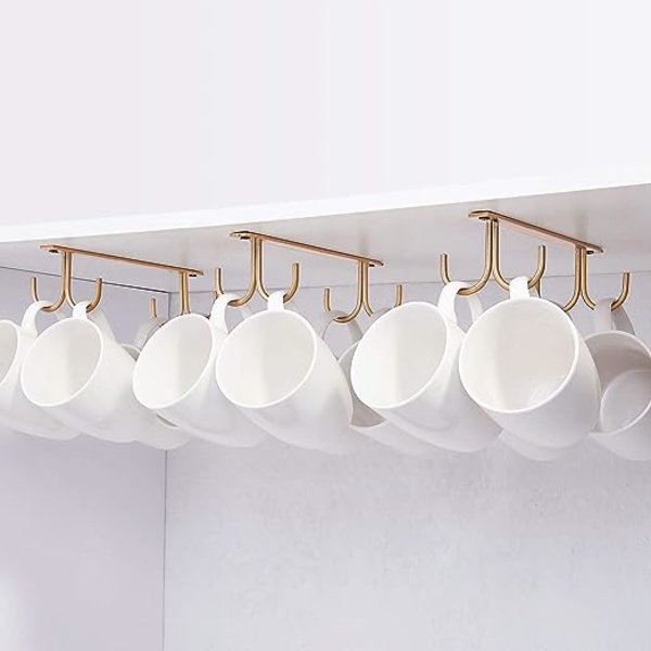 Kaffe Gull, Hengekoppholder under skap, Metall Oppbevaringskroker under skap, Hylle, Skap, med 4 skruer, Sett med 3 holdere for kopper, krus, Bie