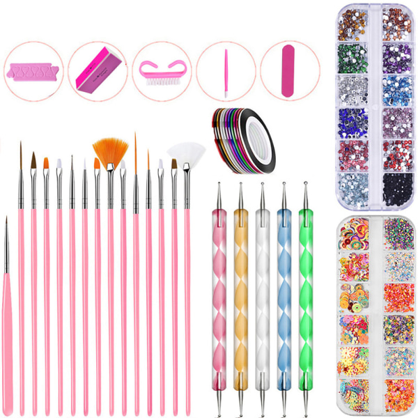 Nail Art Kit, Nail Art Kit, med 15 børster, 5 prikkede penner, 1