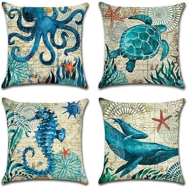 Udendørs Pyntepudebetræk, Sæt med 4, Vandtæt Blåt Havlivsmønster til Sofa, Terrasse, Have, Stue, Soveværelse, Dekoration, 45 x 45 cm